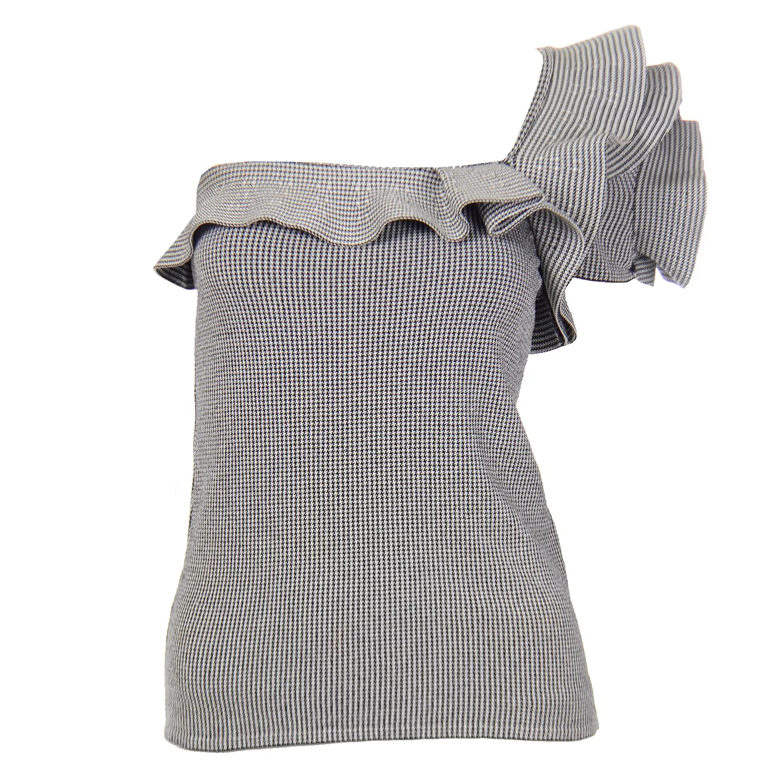 2000s Valentino Black & White Houndstooth Check Ruffle One Shoulder Top