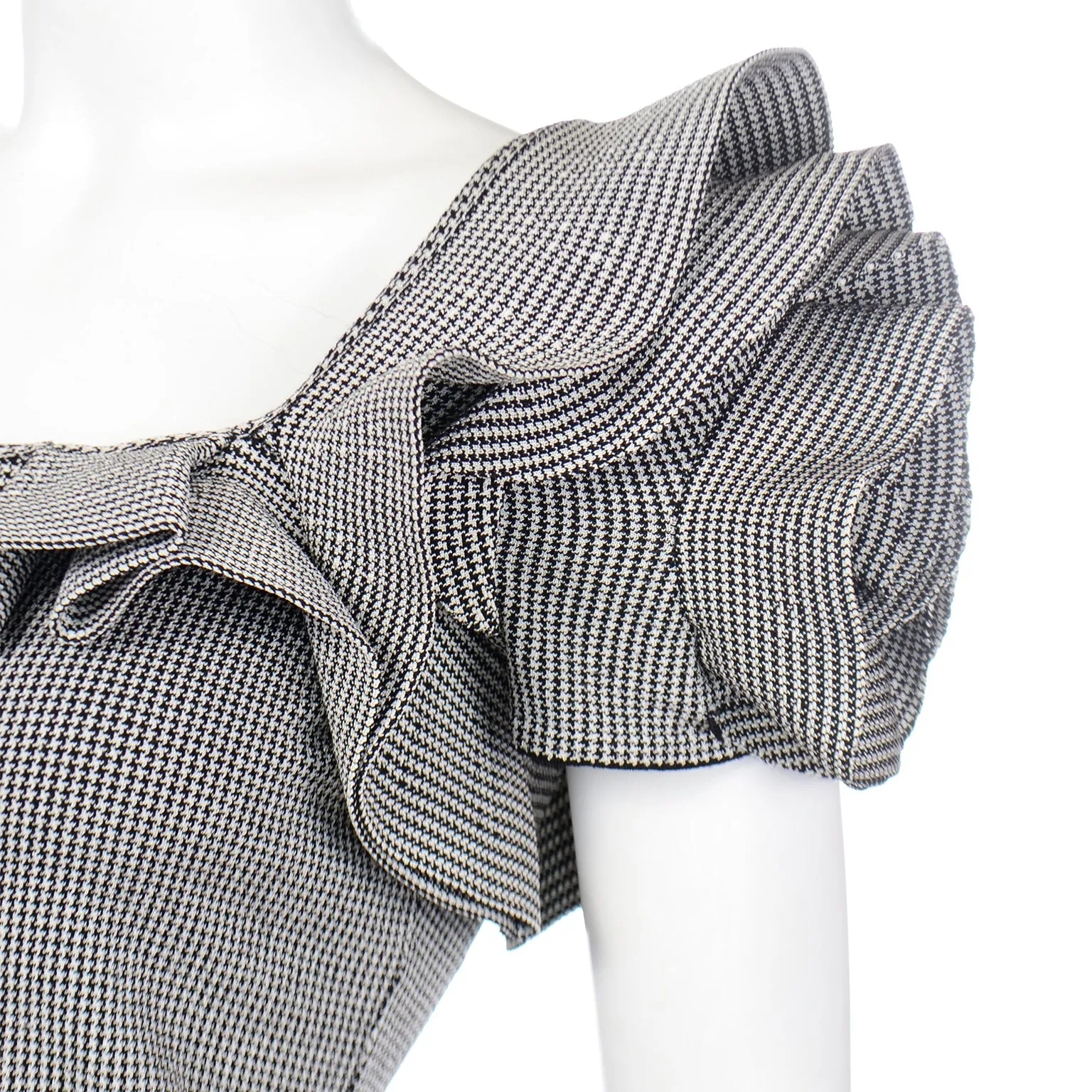 2000s Valentino Black & White Houndstooth Check Ruffle One Shoulder Top