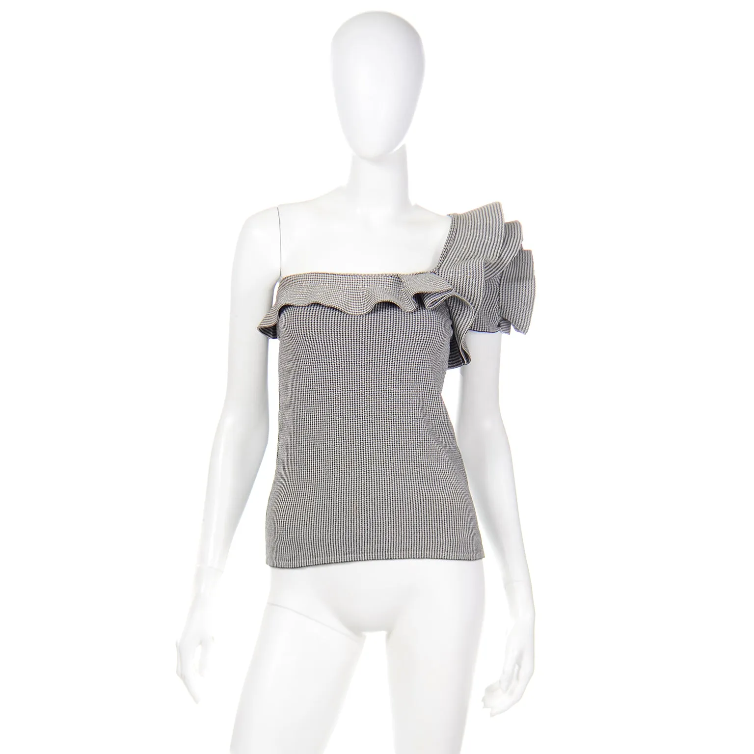 2000s Valentino Black & White Houndstooth Check Ruffle One Shoulder Top