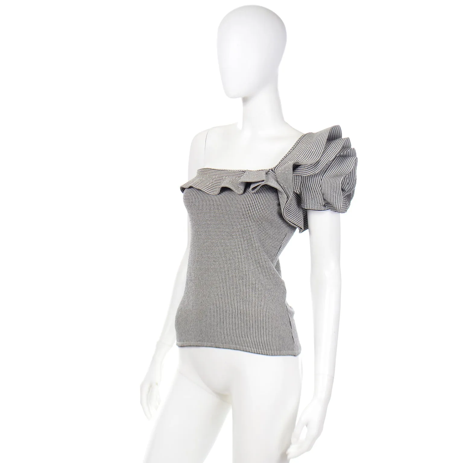 2000s Valentino Black & White Houndstooth Check Ruffle One Shoulder Top