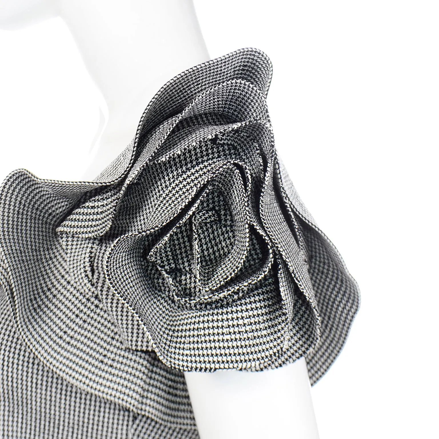 2000s Valentino Black & White Houndstooth Check Ruffle One Shoulder Top