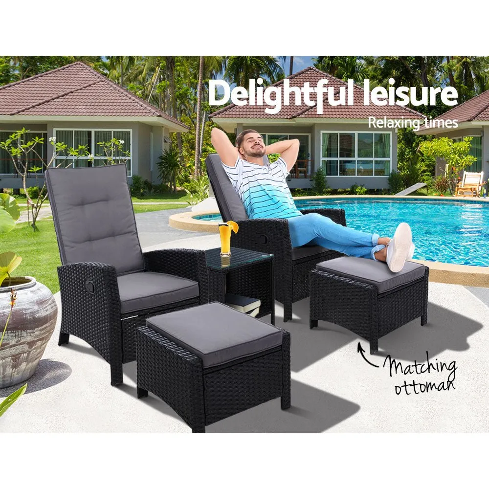 5 Piece Elise Outdoor Recliner Chair Ottoman and Table Set Black