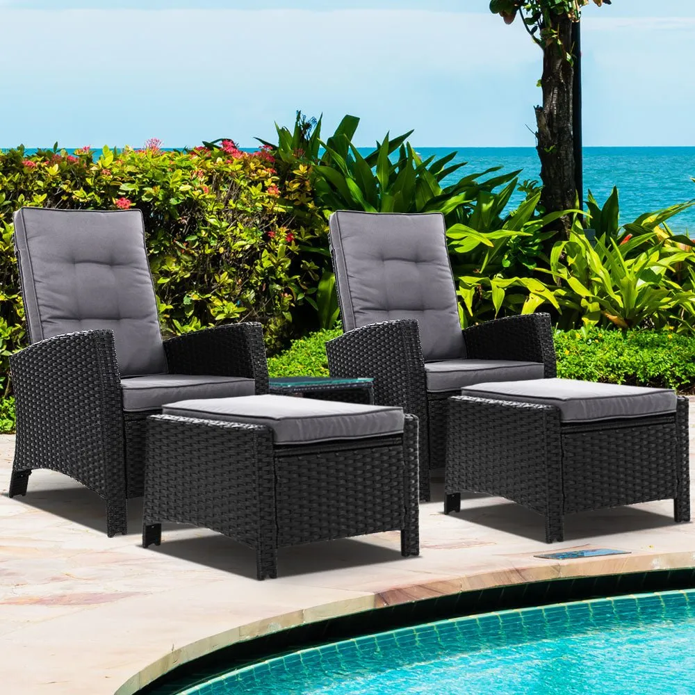 5 Piece Elise Outdoor Recliner Chair Ottoman and Table Set Black