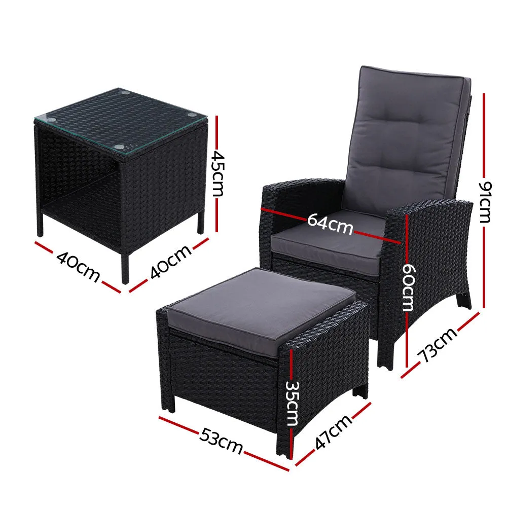 5 Piece Elise Outdoor Recliner Chair Ottoman and Table Set Black