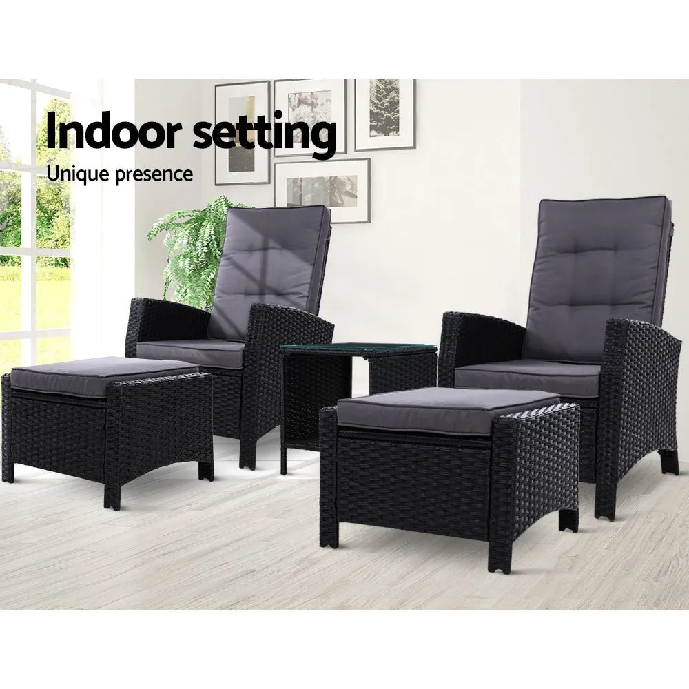 5 Piece Elise Outdoor Recliner Chair Ottoman and Table Set Black