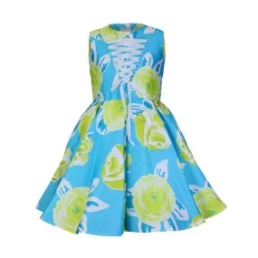 AQUA BLUE SLEEVELESS PLEATED BALL DRESS WITH CRISS-CROSS LACING