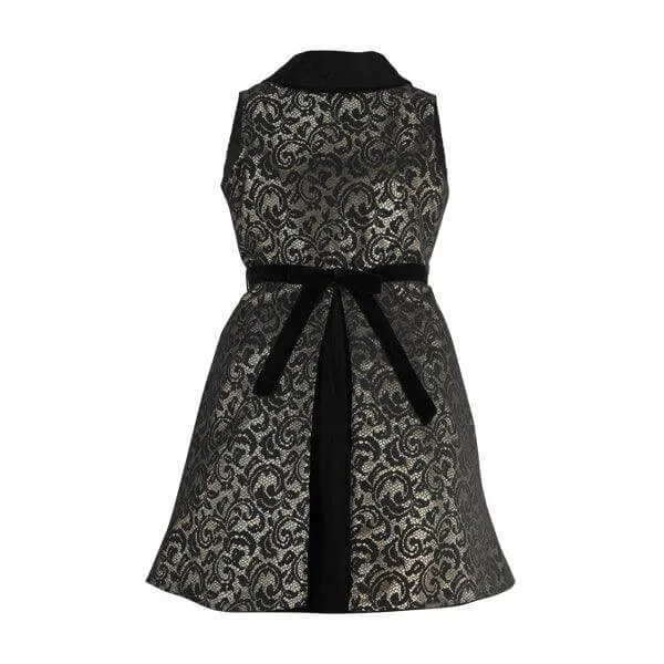 BLACK AND GOLD DAMASK DRESS WITH HAIRBOW