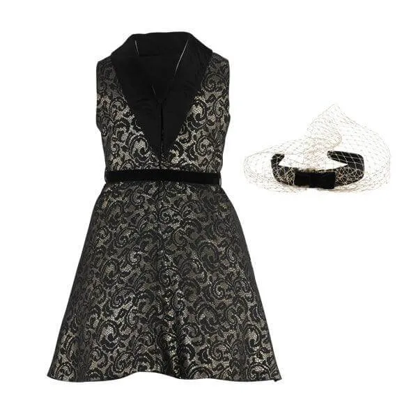 BLACK AND GOLD DAMASK DRESS WITH HAIRBOW