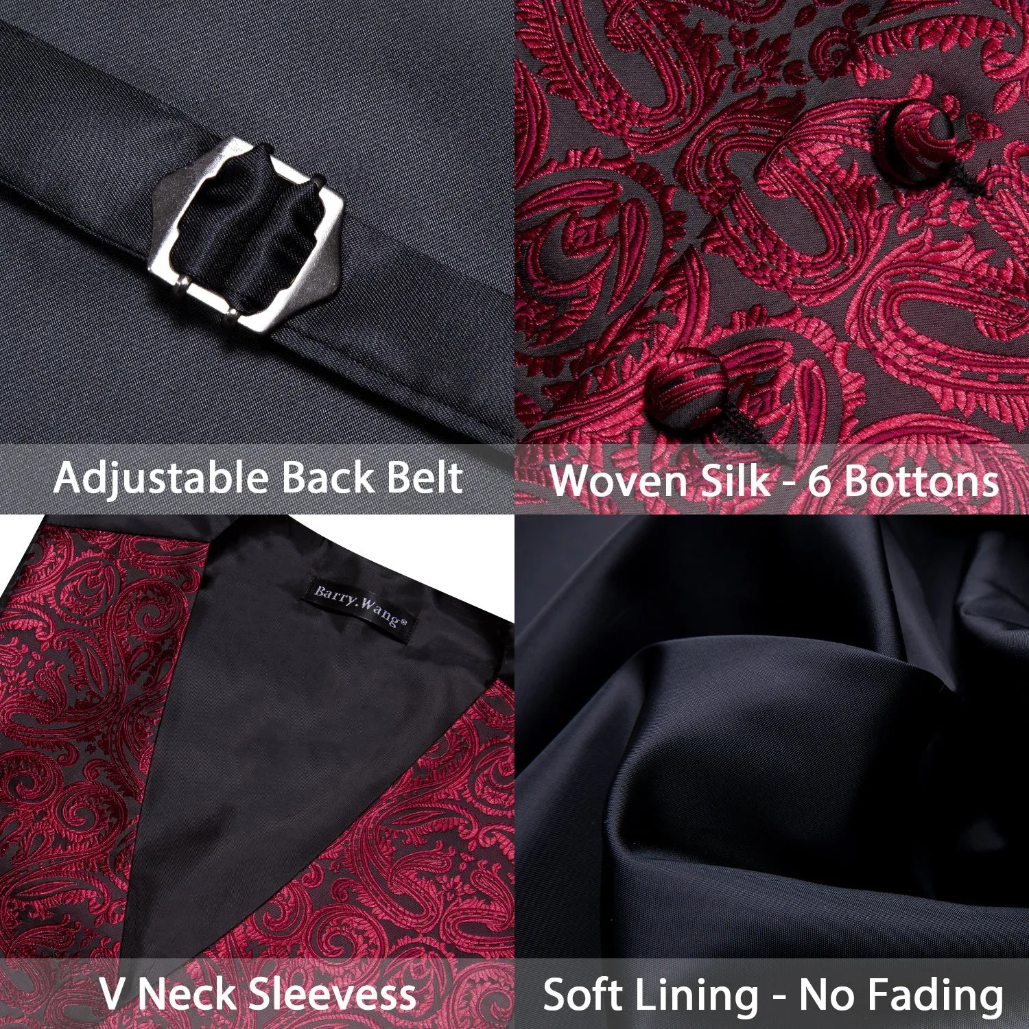 Black DarkRed Paisley Silk Men's Vest Hanky Cufflinks Tie Set