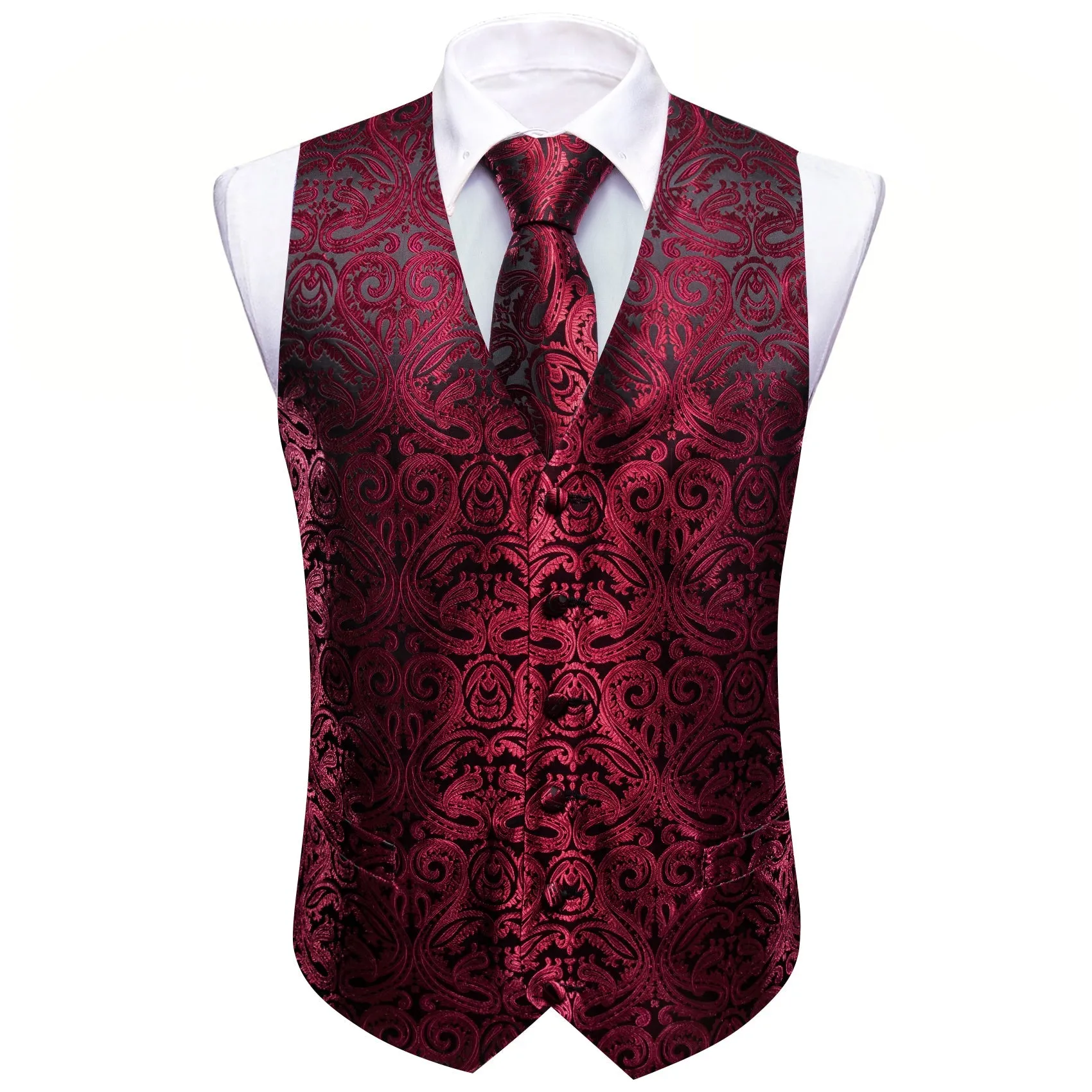 Black DarkRed Paisley Silk Men's Vest Hanky Cufflinks Tie Set