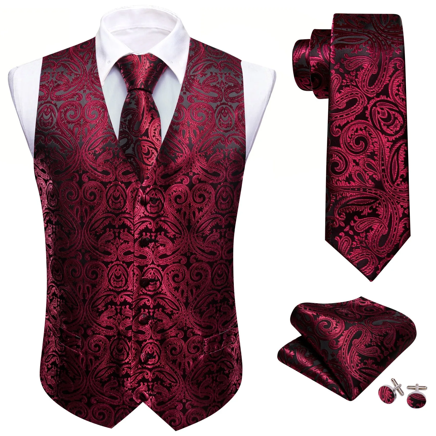 Black DarkRed Paisley Silk Men's Vest Hanky Cufflinks Tie Set