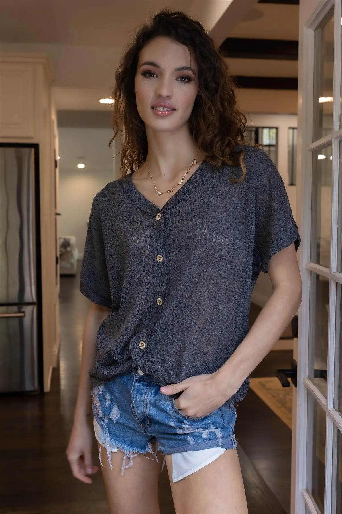 Black Knit Button Up Semi-Sheer Twisted Front Detail Top /2-2-2