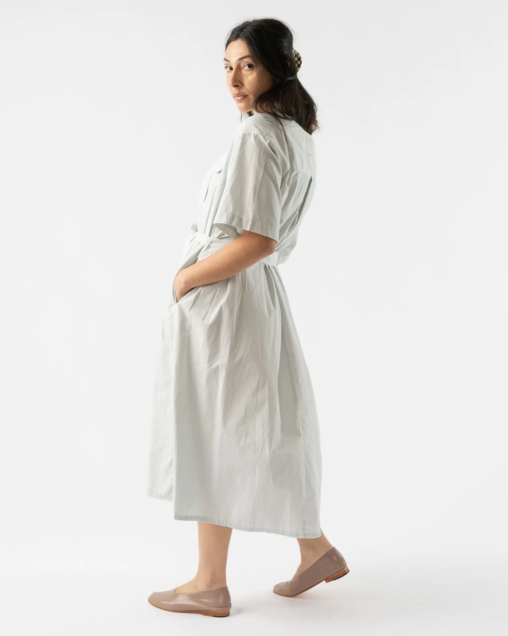 BLANK YSM Popover Dress in Blue/Natural Stripe Poplin