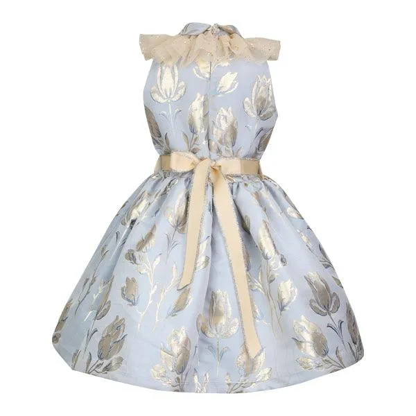 BLUE & GOLD DAMASK DRESS WITH RUFFLED BISHOP COLLAR