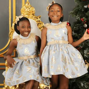 BLUE & GOLD DAMASK DRESS WITH RUFFLED BISHOP COLLAR