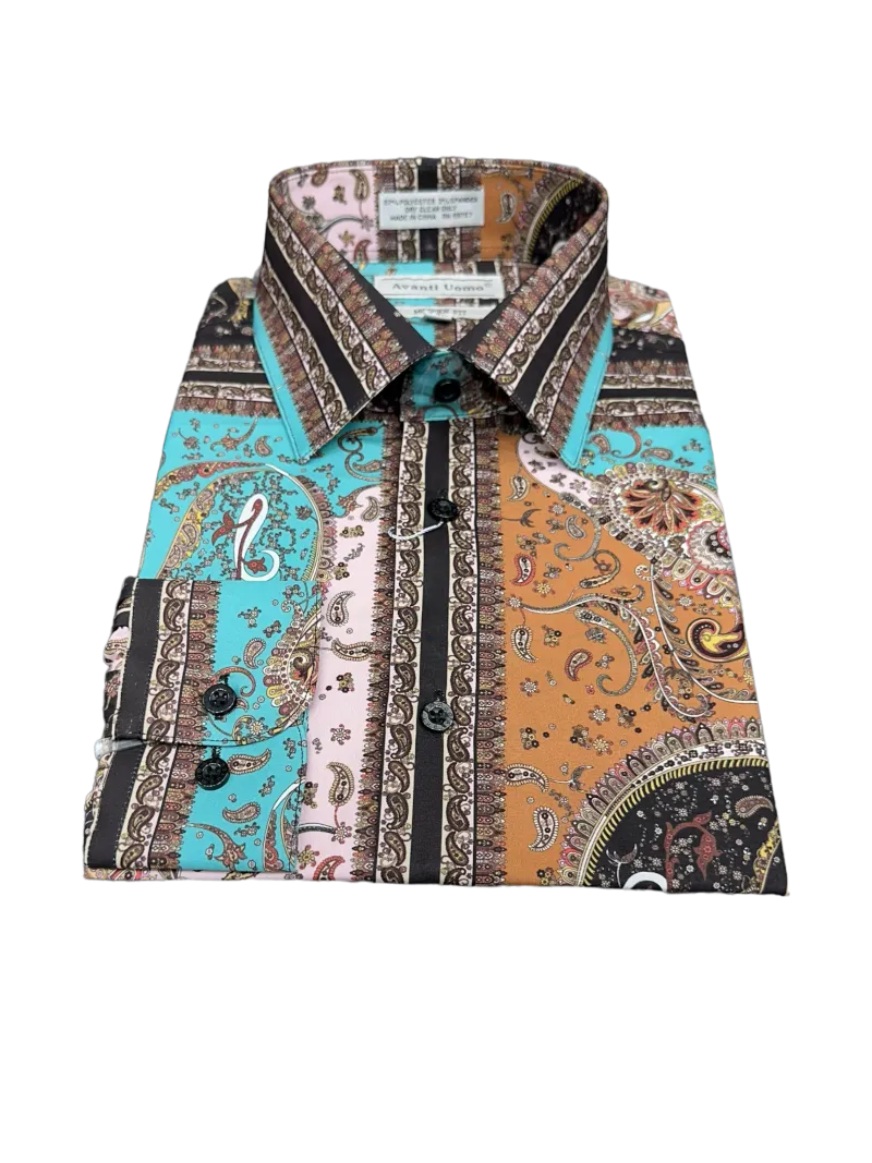 Brown Teal Paisley Men's Dress casual Shirts Long Sleeves By Avanti Uomo