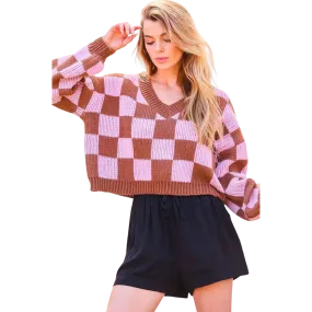 Checkerboard V-Neck Crop Sweater -Brown/Pink