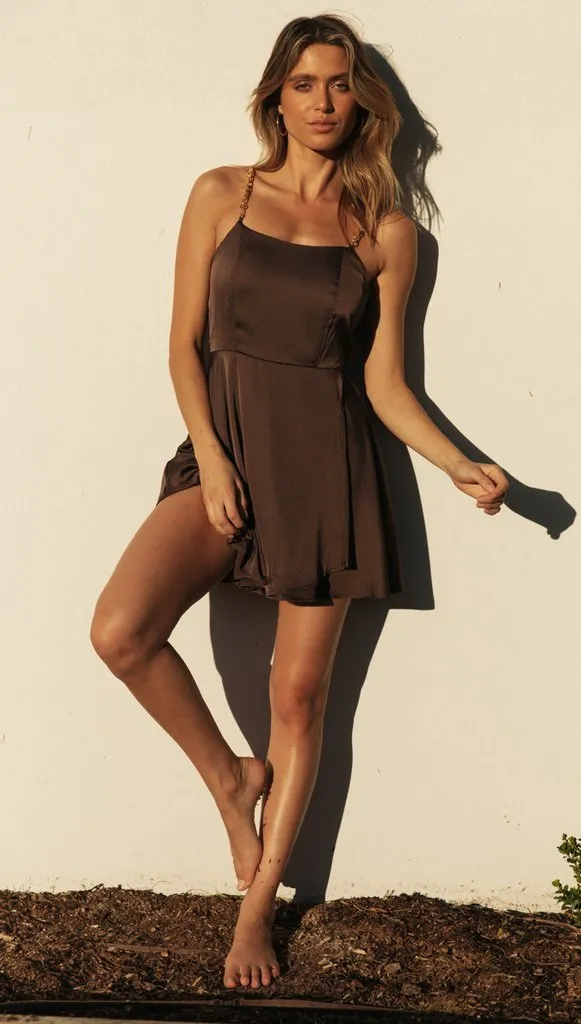Coffee Backless Slip Dress