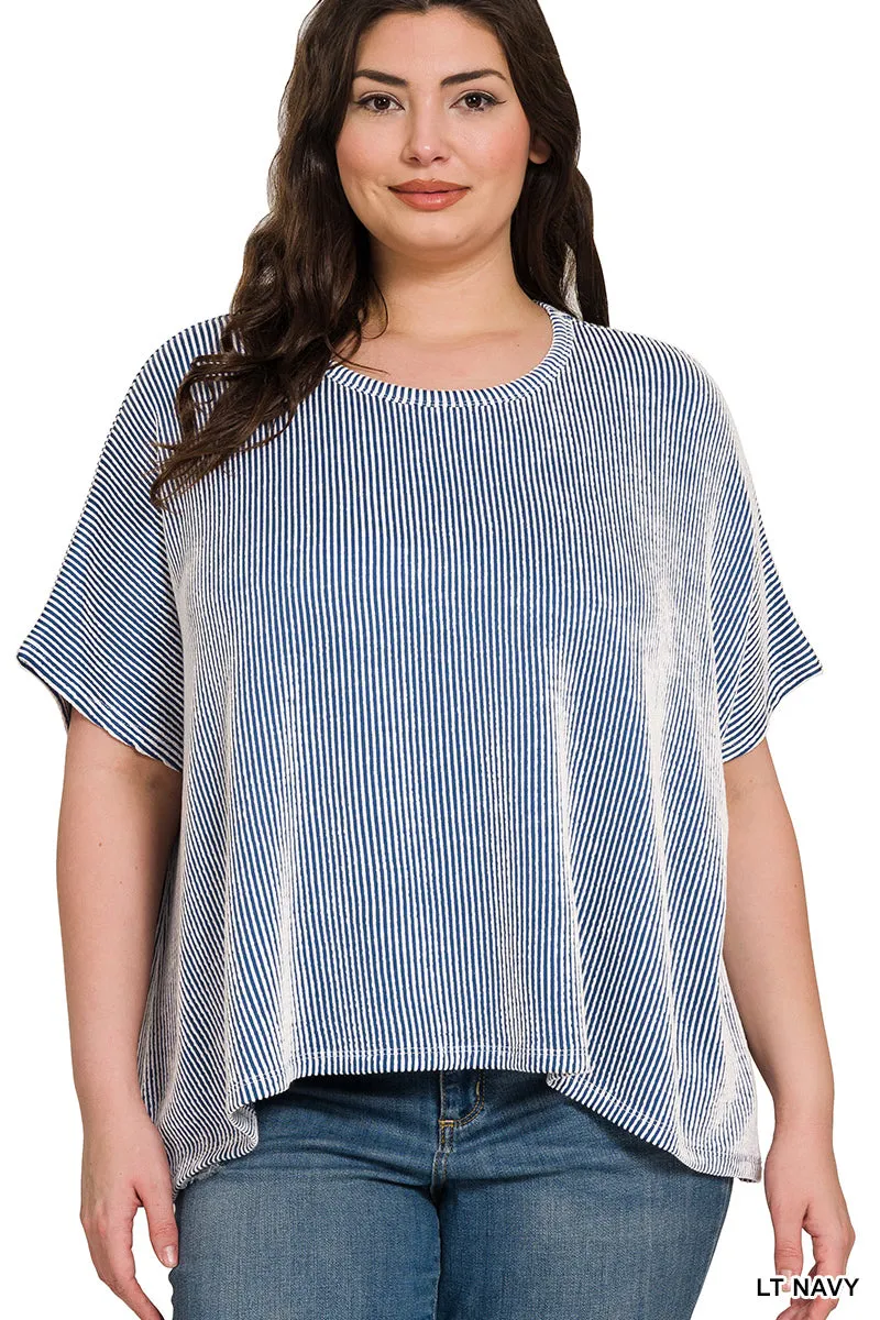CURVY RIBBED STRIPED OVERSIZED SHORT SLEEVE TOP