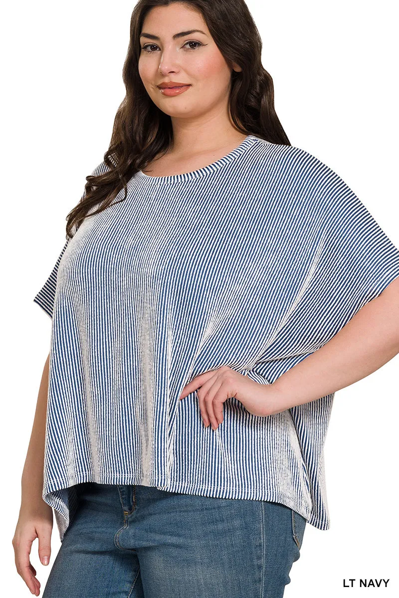 CURVY RIBBED STRIPED OVERSIZED SHORT SLEEVE TOP