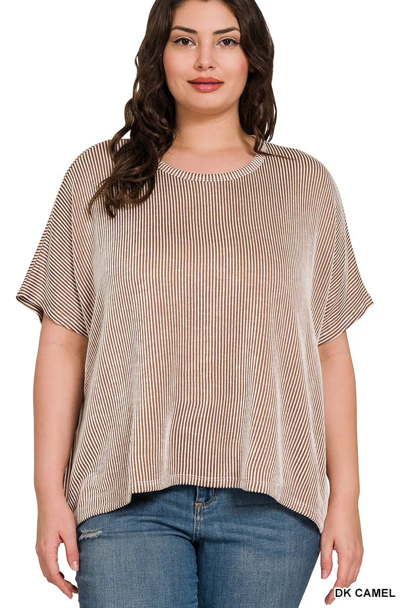CURVY RIBBED STRIPED OVERSIZED SHORT SLEEVE TOP