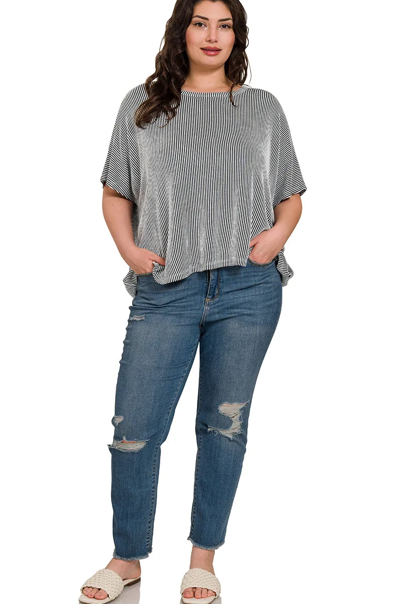 CURVY RIBBED STRIPED OVERSIZED SHORT SLEEVE TOP