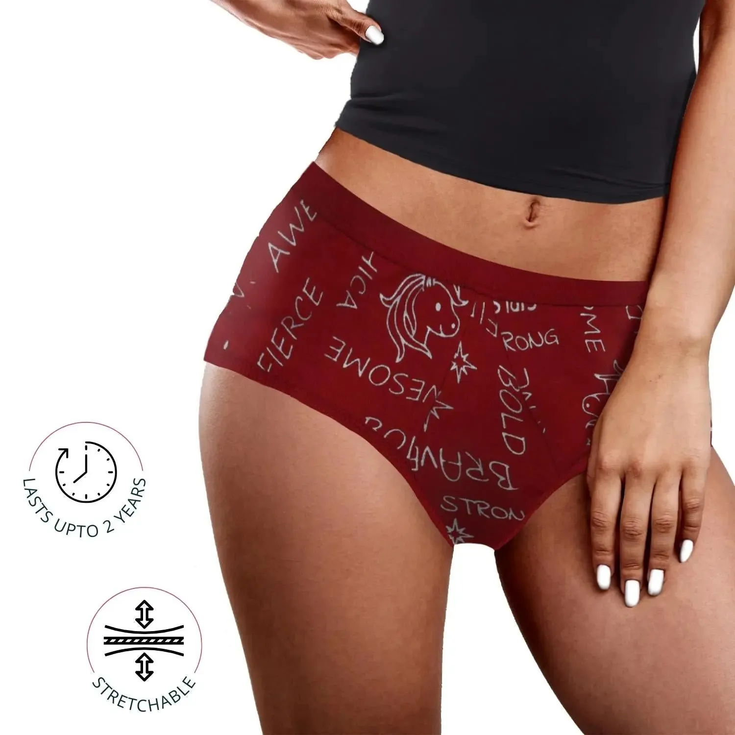 Eco Friendly Anti Microbial Lining Period Panties For Teenagers Black & Maroon Printed, No Pad Required Pack of 2