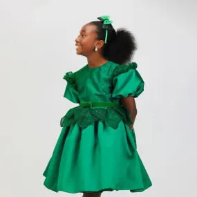 EMERALD GREEN BALL DRESS WITH WAIST PETALS AND HAIRBOW