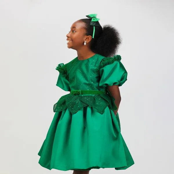 EMERALD GREEN BALL DRESS WITH WAIST PETALS AND HAIRBOW