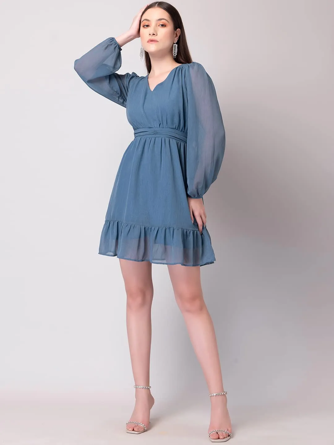 Faballey Women's Georgette Skater Standard Length Dresses (Blue)