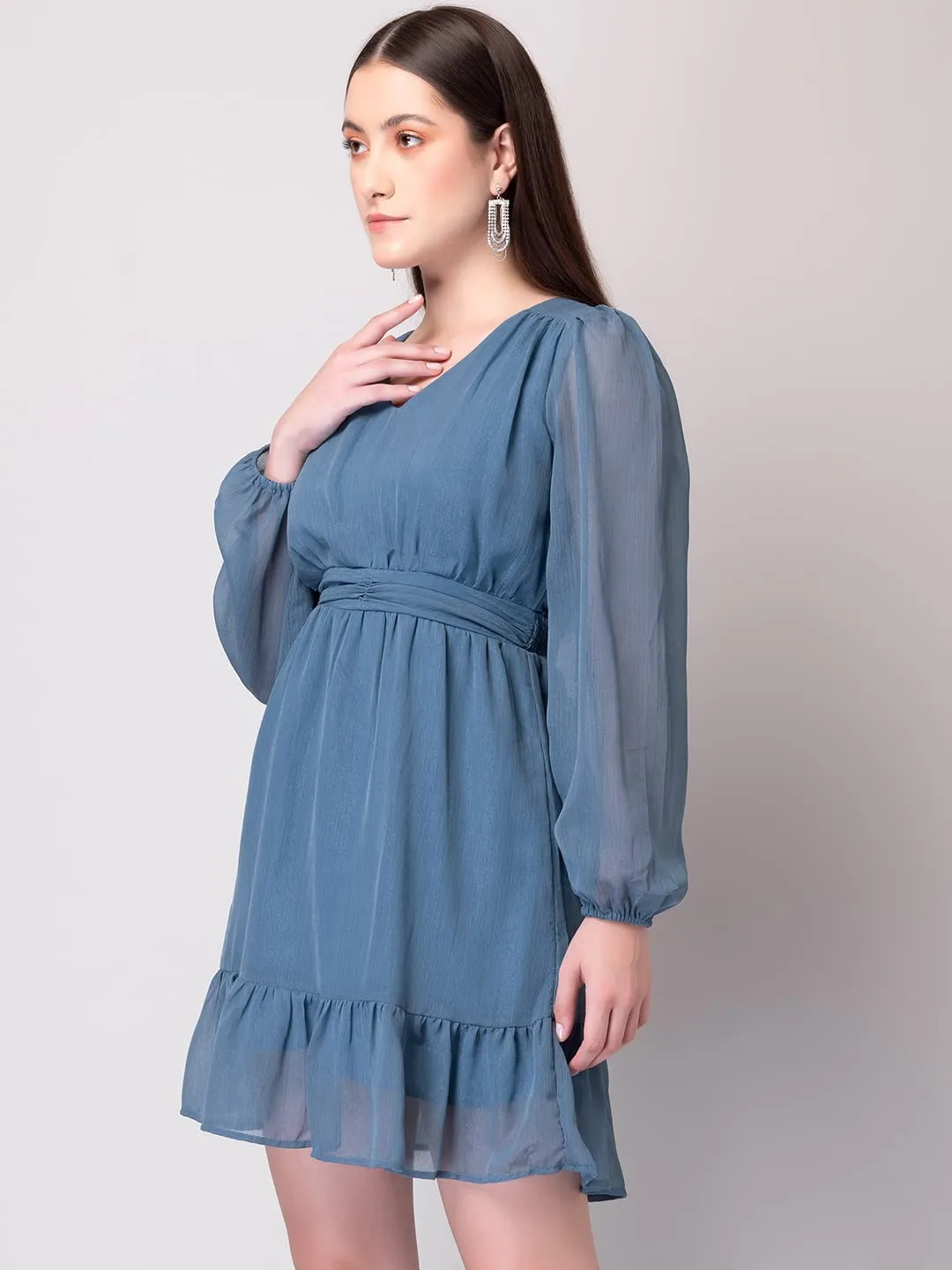 Faballey Women's Georgette Skater Standard Length Dresses (Blue)