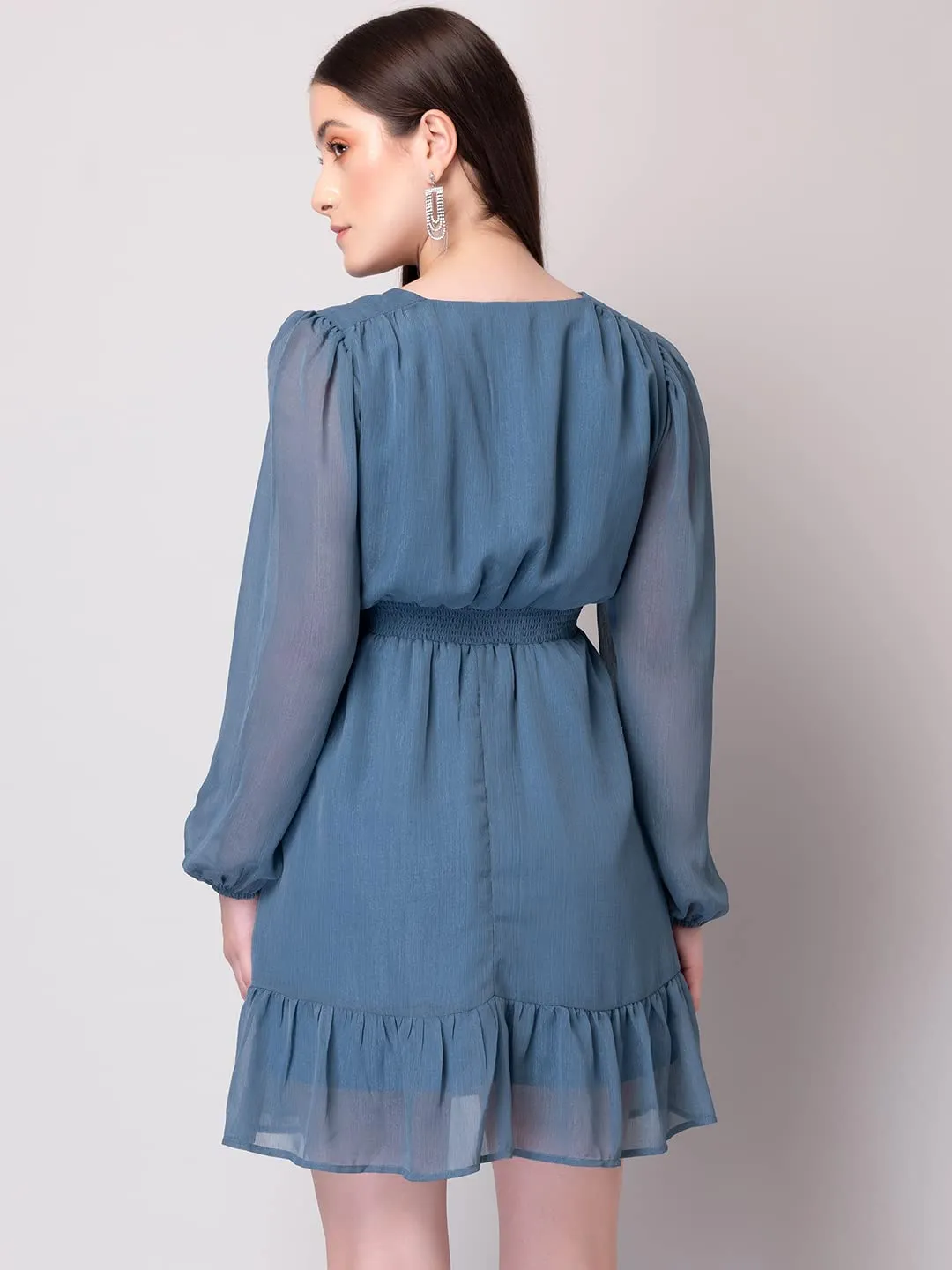 Faballey Women's Georgette Skater Standard Length Dresses (Blue)