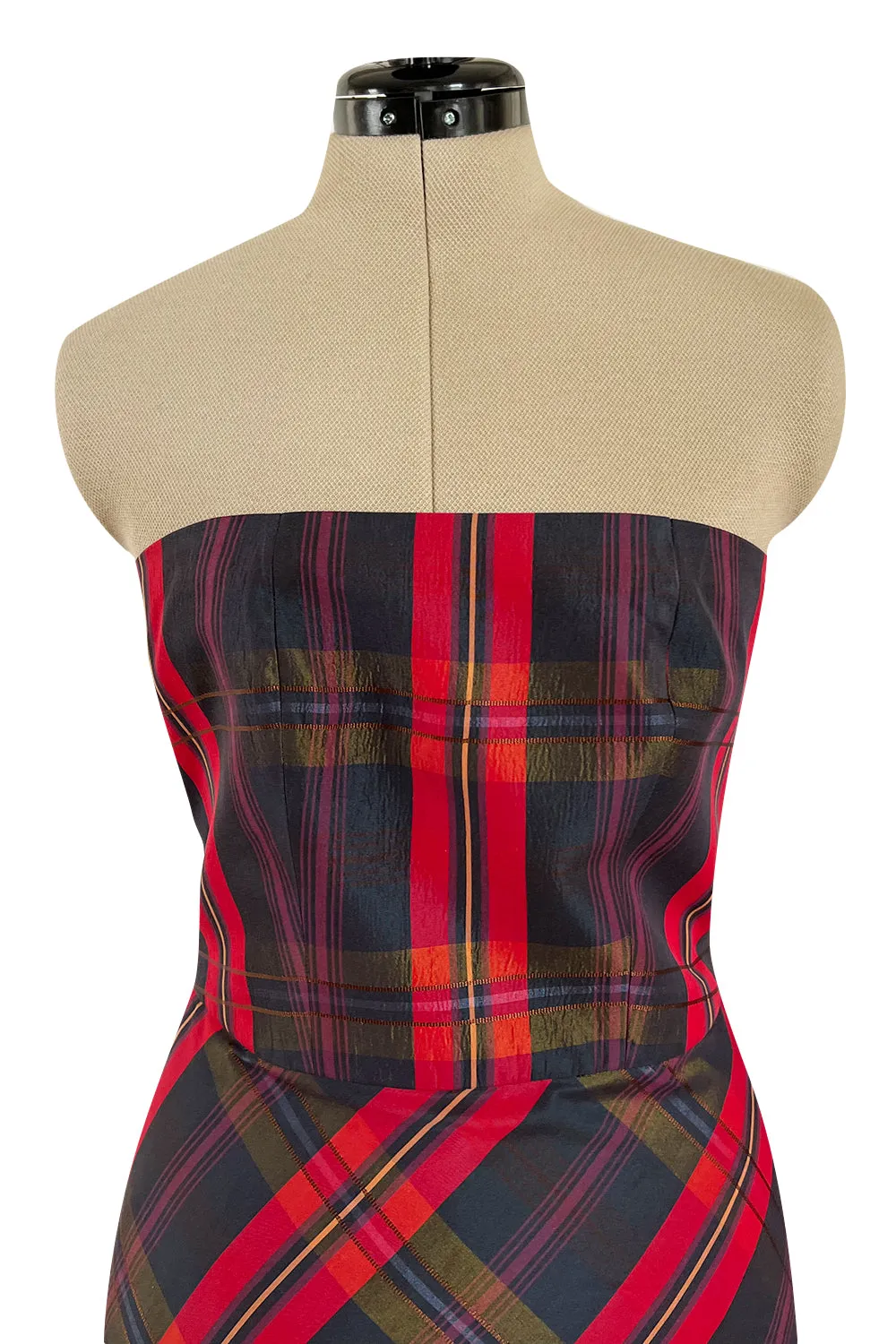 Fabulous 1980s Yves Saint Laurent Strapless Deep Red Plaid Silk & Cotton Dress