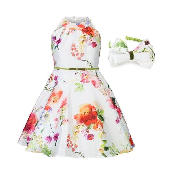 FLORAL PRINT MIKADO DRESS WITH HAIRBOW