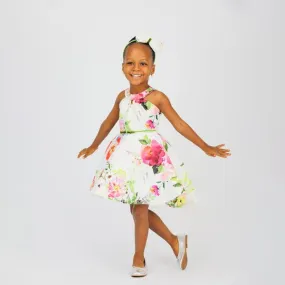 FLORAL PRINT MIKADO DRESS WITH HAIRBOW