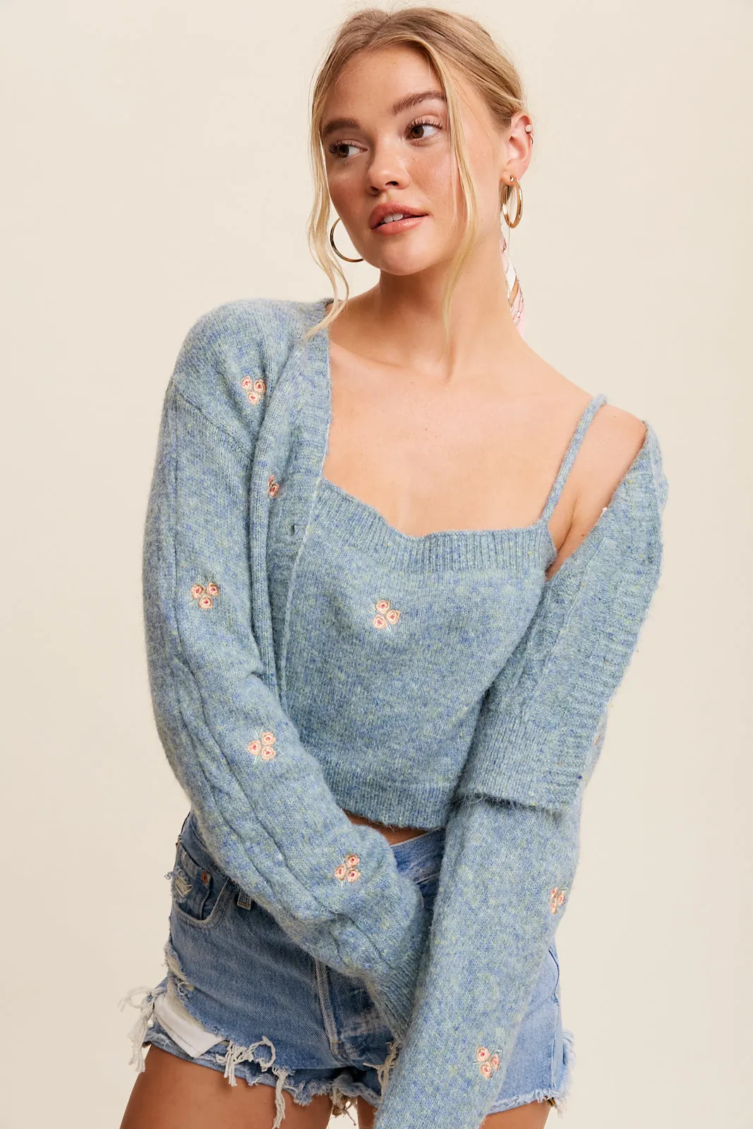 Flower Embroidered Cami & Cardigan Sweater Set