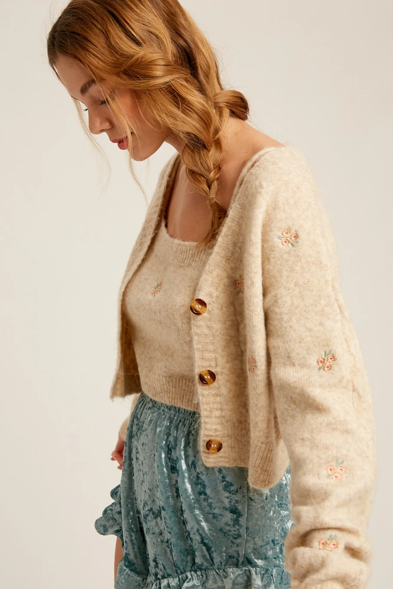 Flower Embroidered Cami & Cardigan Sweater Set