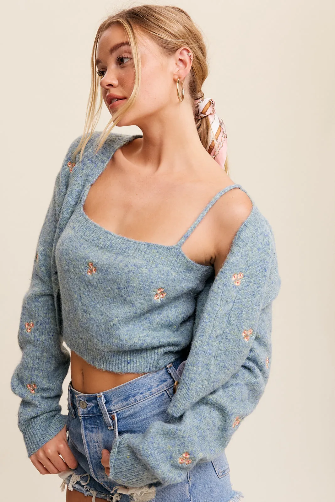 Flower Embroidered Cami & Cardigan Sweater Set
