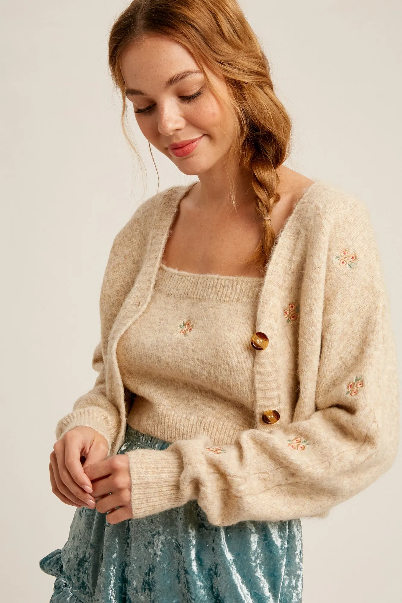 Flower Embroidered Cami & Cardigan Sweater Set