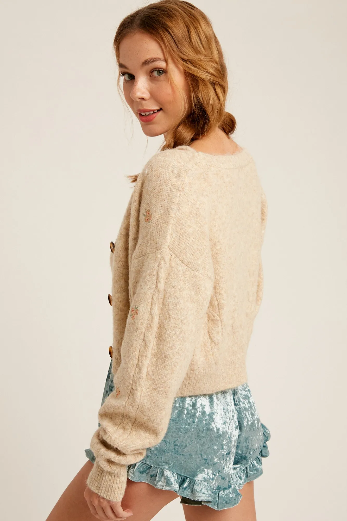 Flower Embroidered Cami & Cardigan Sweater Set