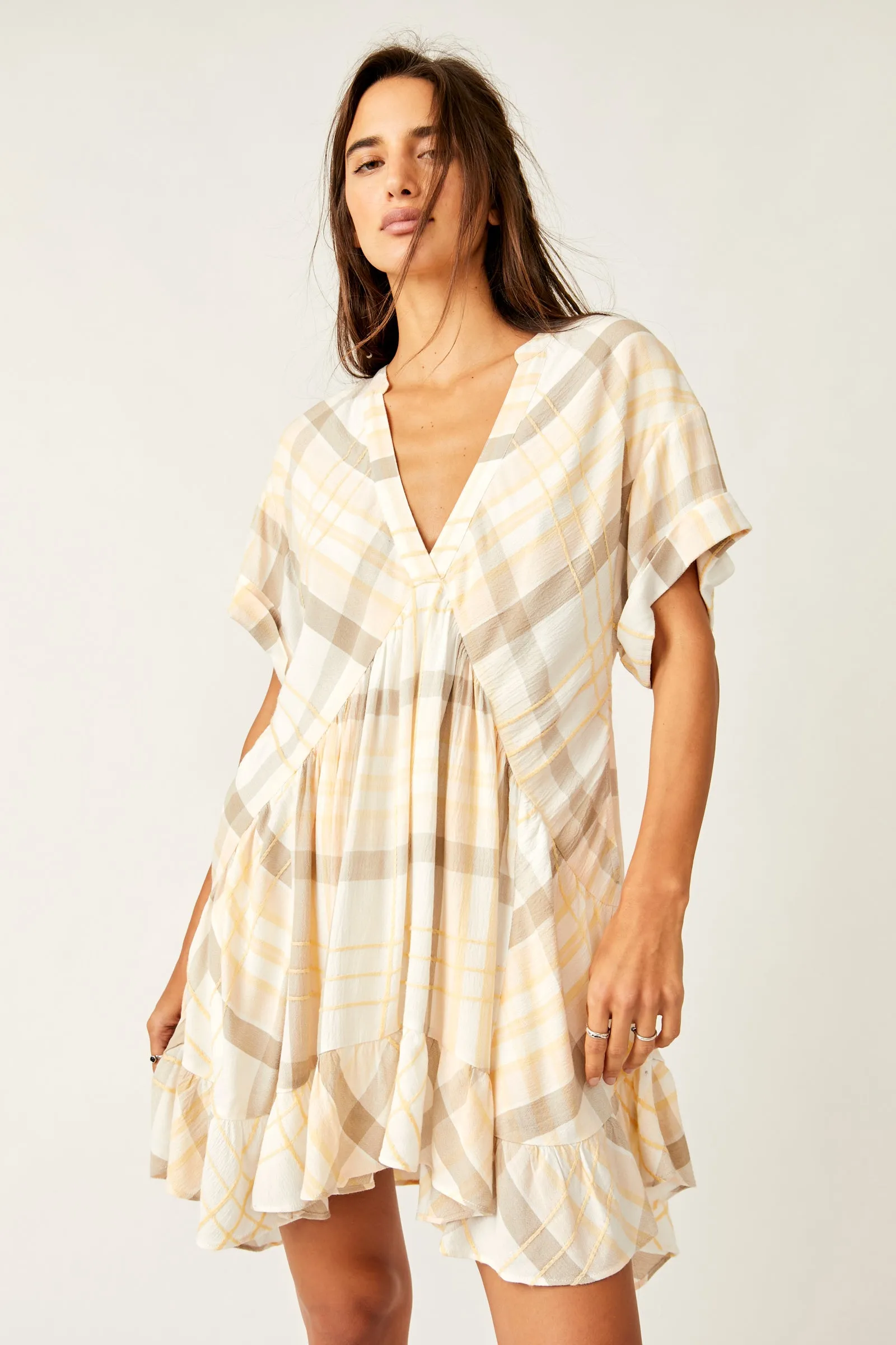Free People Agnes Plaid Mini Dress- Neutral Combo