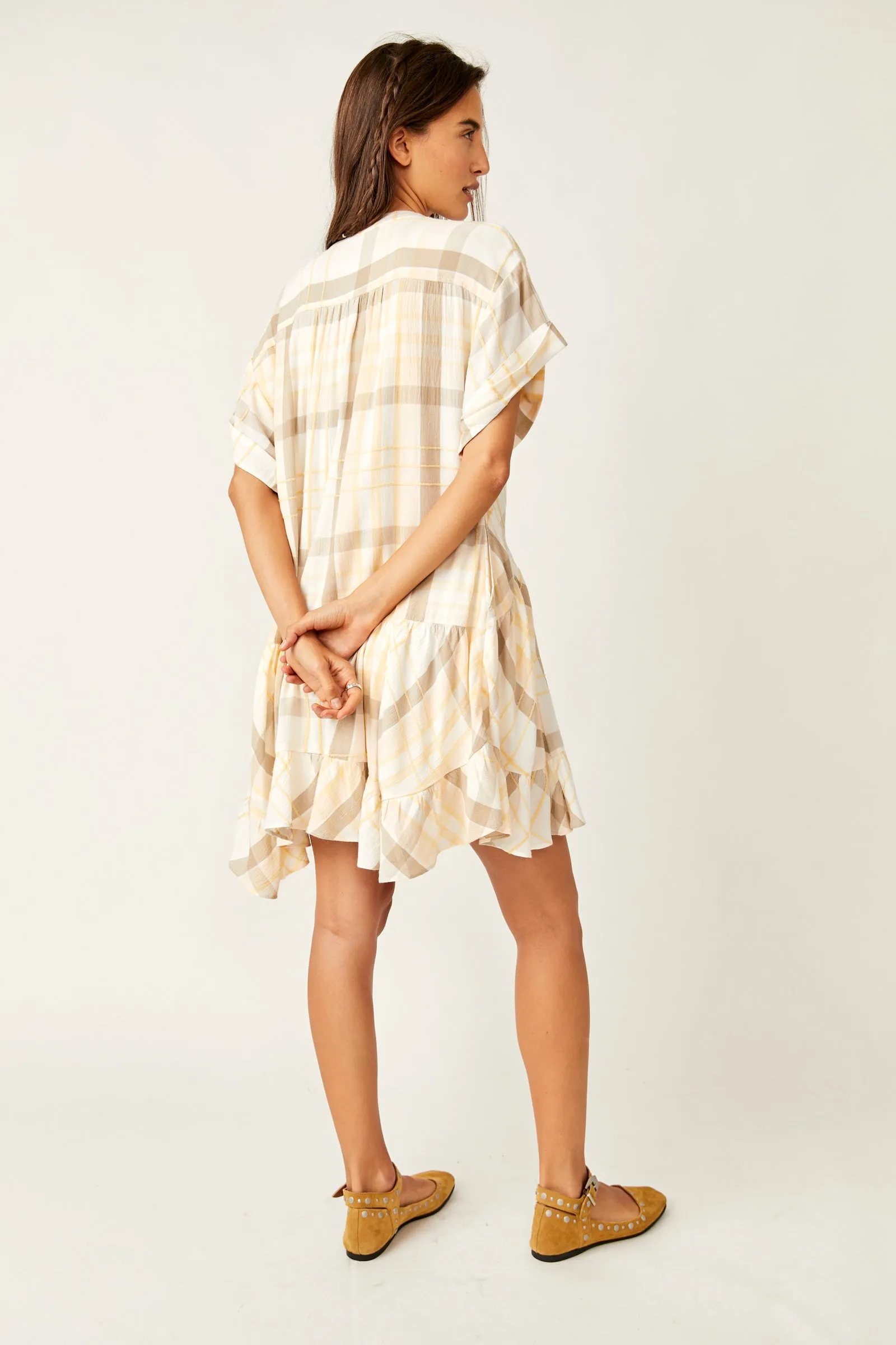 Free People Agnes Plaid Mini Dress- Neutral Combo