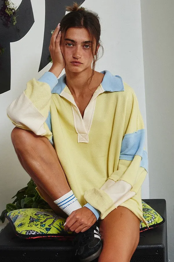 French Terry Color-block Collared Loose Fit Top