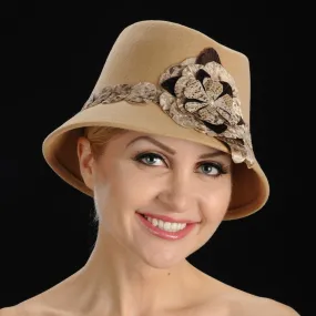 FW1122 Camel felt dress hat with velvet flower and trim