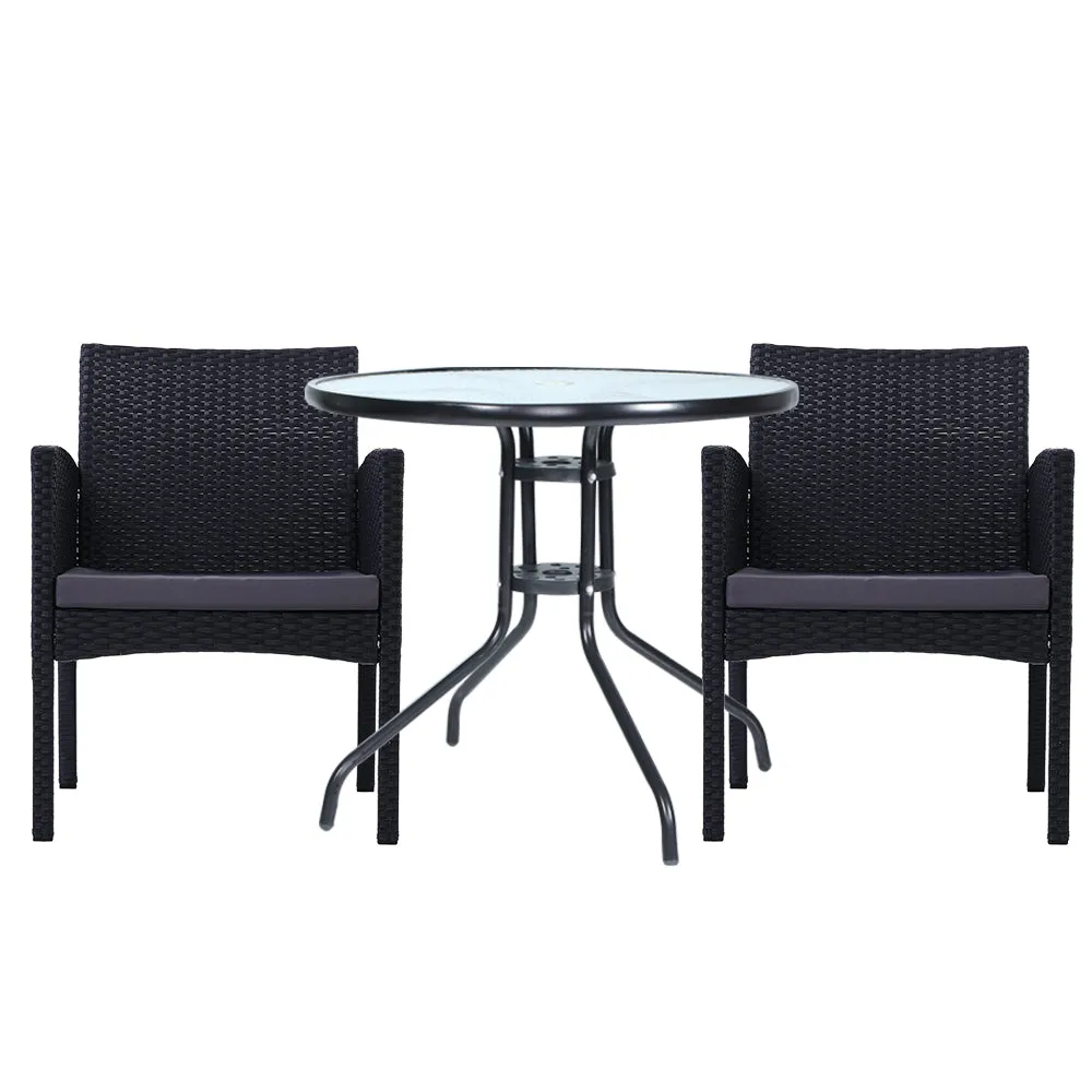 Gardeon 3PC Bistro Set Outdoor Furniture Rattan Table Chairs Cushion Patio Garden Ezra