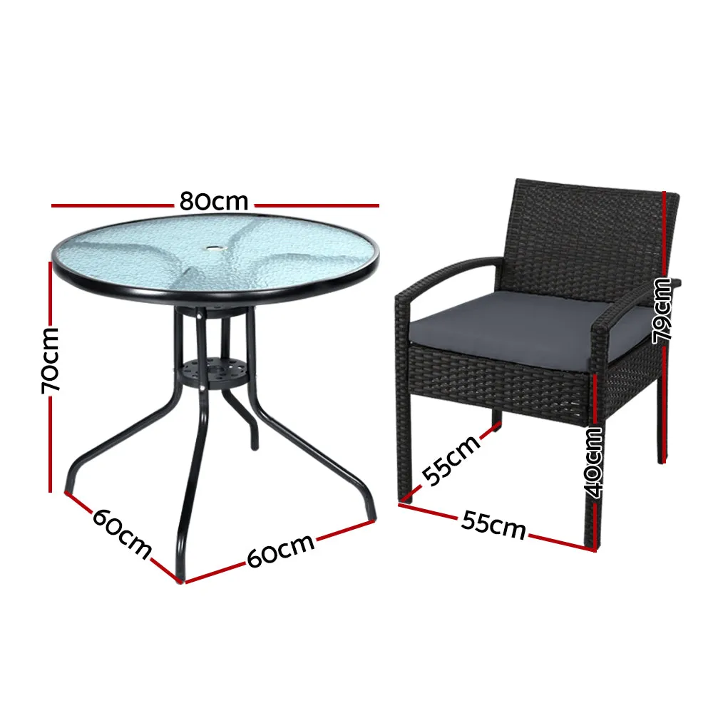 Gardeon 3PC Bistro Set Outdoor Furniture Rattan Table Chairs Cushion Patio Garden Felix