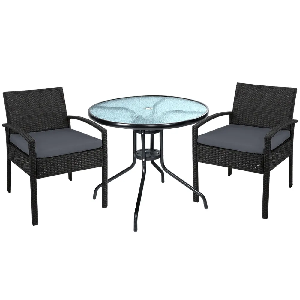 Gardeon 3PC Bistro Set Outdoor Furniture Rattan Table Chairs Cushion Patio Garden Felix
