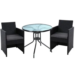 Gardeon 3PC Bistro Set Outdoor Furniture Rattan Table Chairs Cushion Patio Garden Hugo