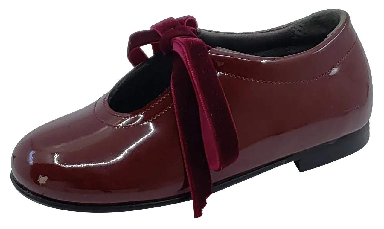 Gepetto's Girl's Burgundy Vino Patent Leather Velvet Laces Slip On U Shape Dress Shoes