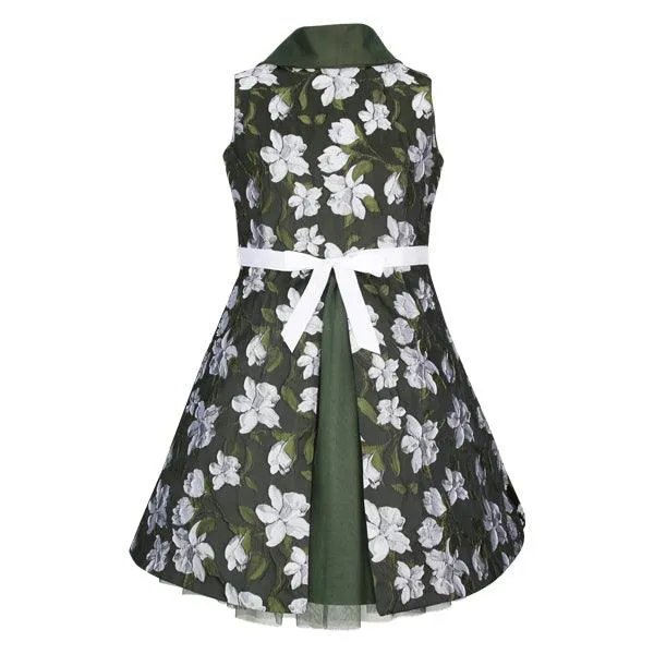 GIRLS ARMY GREEN DAMASK V-BACK COLLAR DRESS